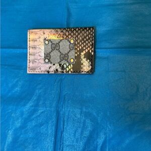 Designer-Inspired Black Snakeskin Card Wallet with Logo Patch